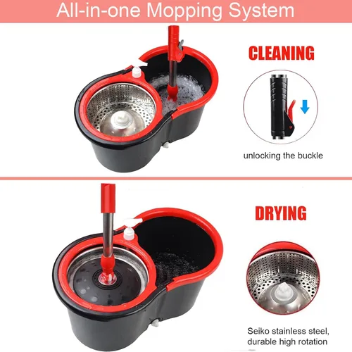 Vista 3 de Trapeador giratorio y cubo con juego de escurridor, sistema de cubo giratorio de 360° con 3 cabezales de repuesto de mopa de microfibra, mango