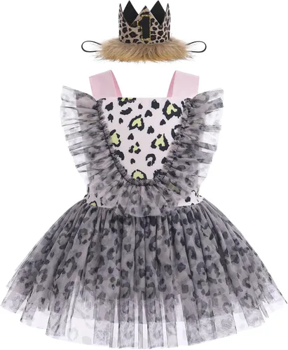 Vista 10 de IBTOM CASTLE Vestido de princesa tutú para niña pequeña con estampado de leopardo, dona, ratón, vestido de princesa con funda para pañales, conjunto