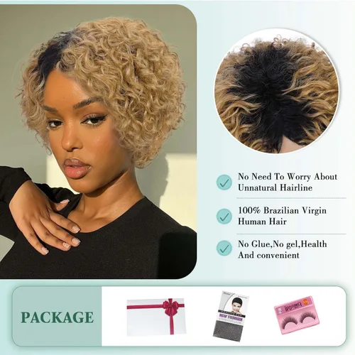 Vista 4 de Quantum Love Pelucas de cabello humano para mujeres negras, peluca de cabello humano corto y rizado con raya lateral, corte Pixie, cabello humano