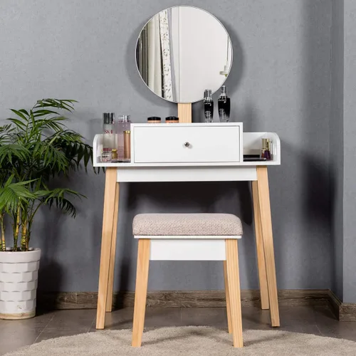 Vista 2 de GIANTEX - Juego de mesa de tocador con espejo redondo de altura ajustable, tocador con espejo de maquillaje con taburete acolchado, almacenamiento