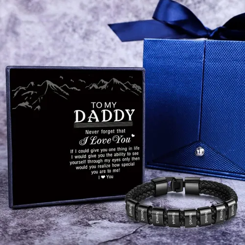 Vista 9 de Pulsera trenzada negra personalizada para hombre, pulsera personalizada con 1-8 cuentas personalizadas, nombres de la familia, joyería para hombres