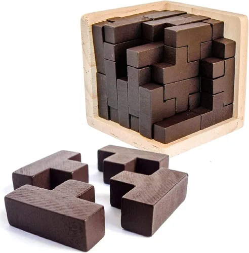 Vista 7 de Rompecabezas de madera para el cerebro de madera, rompecabezas de madera en forma de T, geométrico, intelectual, rompecabezas de cubo de lógica