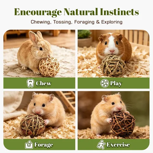 Vista 3 de 8 bolas de hierba masticable de conejo, juguetes naturales hechos a mano para rechinar dientes, golosinas de enriquecimiento para roedores, conejos