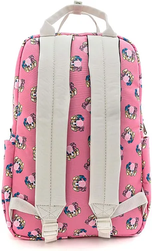 Vista 2 de Loungefly x DC Comics Harley Quinn Bubble Gum Mochila cuadrada de nailon con estampado de aleación, Rosa Multi, Computadora portátil