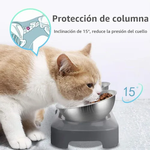 Vista 3 de Tazón de comida para gatos de acero inoxidable AYADA, diseño ergonómico de 15 ángulos, reduce el vómito Doble