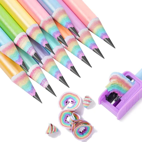 Vista 5 de Ainiv 12PCS Lápices de Papel Arcoíris Reciclados Ecológicos Sin Madera y Plástico #2 HB Lápices Número 2 Borradores Superiores con Sacapuntas