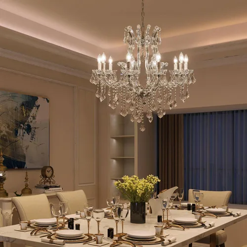 Vista 5 de Candelabro moderno de cristal – Candelabros cromados de lujo María Teresa para comedor, isla de cocina, sala de estar, dormitorio, 10 luces Cromo