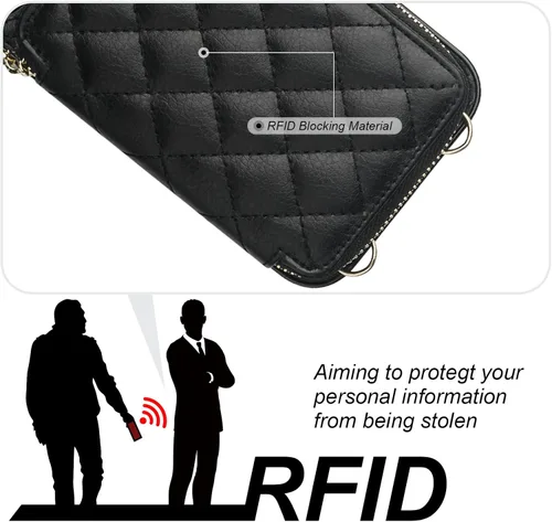 Vista 3 de Bocasal Funda tipo cartera cruzada para iPhone 12 Pro Max, con bloqueo RFID, de piel sintética, con cremallera, funda tipo cartera con función atril