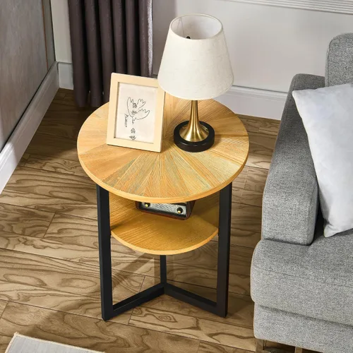 Vista 9 de Mesa auxiliar redonda pequeña con estante de almacenamiento, sofá circular de madera maciza con patas laterales de metal, mesa de teléfono de 2