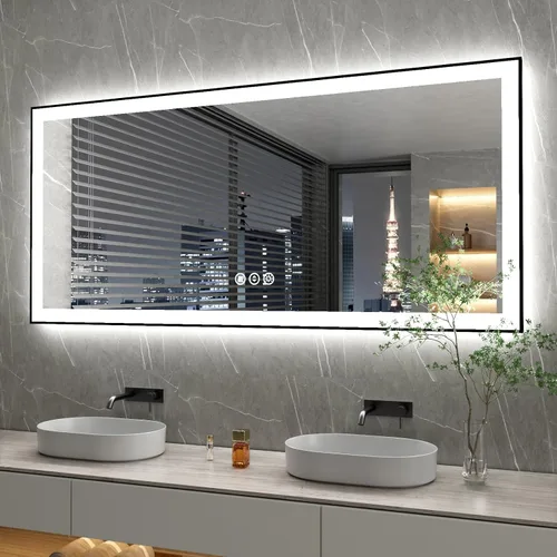 Vista 39 de Espejo de baño LED de 24x28 pulgadas con marco negro, espejos de baño retroiluminados y con luz frontal para pared, antiempañamiento, regulable