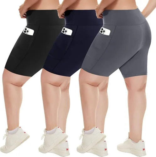 Vista 35 de HLTPRO 3 Pack Plus Size Biker Shorts for Women, Pocket & No-Pocket Options Negro/Beige Rosa/ Gris