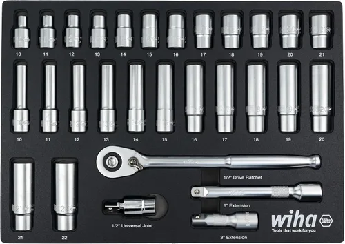 Vista 8 de Wiha 33796 Juego de bandejas de 22 piezas de 3/8 pulgadas profesional estándar y profundo - SAE Estándar y profundo