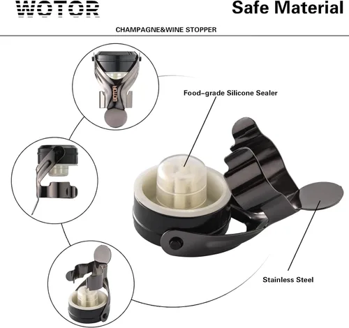 Vista 6 de WOTOR Tapones para botella de vino y champán de acero inoxidable con silicona de grado alimenticio, a prueba de fugas, se mantienen frescos