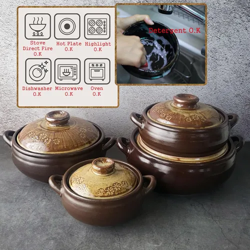 Vista 3 de Olla Coreana [Buncheong] Esmaltado en Loza Natural Ttukbaegi, Olla de Cerámica de Arcilla Natural, Olla de Loza Resistente al Calor, Tazón de Piedra