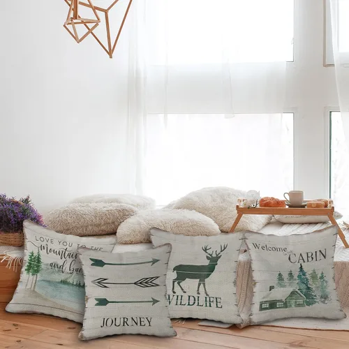 Vista 4 de (RB) SiuSue - Juego de 4 almohadas decorativas de cabaña, fundas de almohada rústicas de granja de 18 x 18 pulgadas, decoración de cabaña
