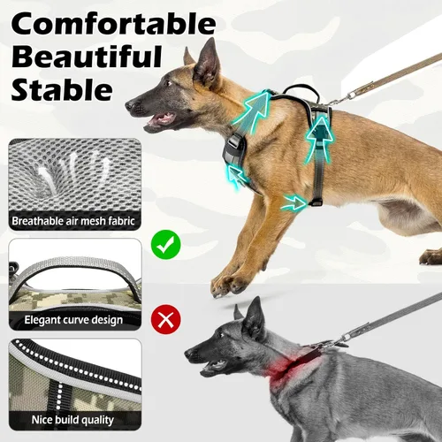 Vista 4 de Arnés reflectante para perro, arnés para perro grande sin tirones, con 2 clips para correa y asa de control, chaleco ajustable de camuflaje suave