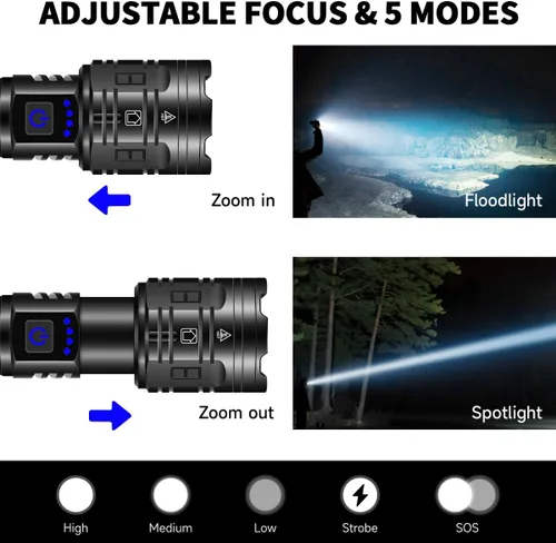 Vista 3 de Linternas recargables de alta luminosidad, potentes linternas tácticas de 990 000LM y 5 modos de iluminación ajustable, impermeables