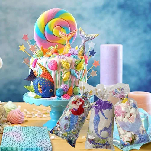 Vista 4 de 50 bolsas de celofán para dulces de sirena, bolsas transparentes para celofán, bolsas de dulces de galletas con lazos giratorios para cumpleaños