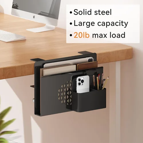 Vista 4 de Almacenamiento lateral de escritorio, soporte de metal para portátil con caja magnética para bolígrafos, organizador con abrazadera debajo