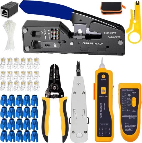 Vista 10 de LEATBUY - Herramienta de crimpado CAT5/CAT6, juego de herramientas de crimpado RJ45, herramienta de red, juego de perforación de cable Lan