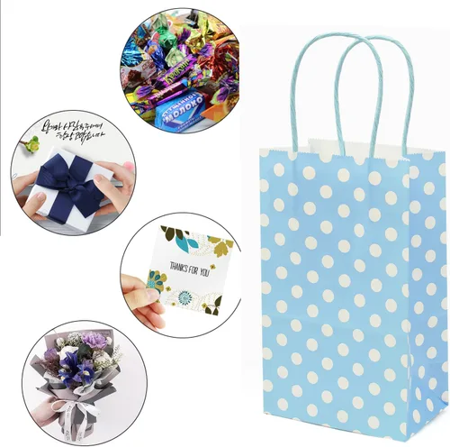 Vista 5 de AZOWA Bolsas de papel azul claro con lunares blancos, pequeñas bolsas de regalo de lunares azul claro para recuerdos de fiesta