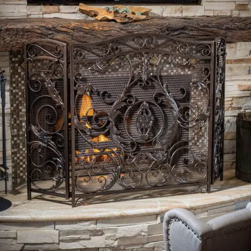 Vista 2 de Christopher Knight Home Waterbury - Pantalla para chimenea, flor dorada sobre negro