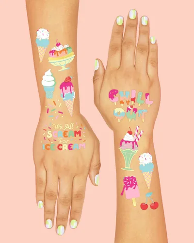 Vista 4 de xo, Fetti Tatuajes temporales para fiesta de cumpleaños de helados para niños, 56 estilos de purpurina Postre, suministros de fiesta de baby