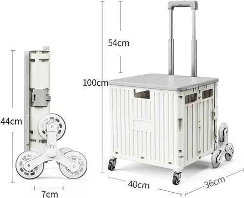Vista 2 de Carrito de compras plegable con ruedas, capacidad de 45L, ruedas para subir escaleras, mango telescópico, blanco, 65L