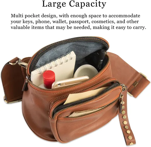 Vista 4 de AZXCG Cangurera de cuero, bolsa cruzada para mujer, bolsa de cintura de piel de vacuno, bolsa para cinturón con correa ajustable, bolsa de cadera