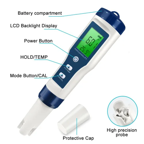 Vista 2 de Medidor TDS 5 en 1, medidor de pH digital de alta precisión 0.01 para agua, probador de PH/TDS/EC/sal/temperatura, medidor PPM para agua potable