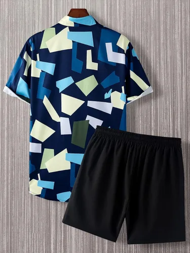 Vista 2 de OYOANGLE Conjunto de 2 piezas para hombre de manga corta con botones y pantalones cortos