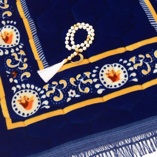 Vista 6 de Alfombra de Oración Musulmana Mat Islámica - Alfombra de Oración Sajadah Acolchada Muy Gruesa para Hombres y Mujeres con Cuentas de Oración del Azul