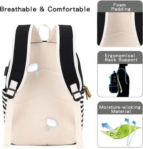 Vista 4 de Mochila escolar para adolescentes y mujeres, lindo juego de mochila universitaria de lona a rayas con bolsa de almuerzo, bolsa para lápices