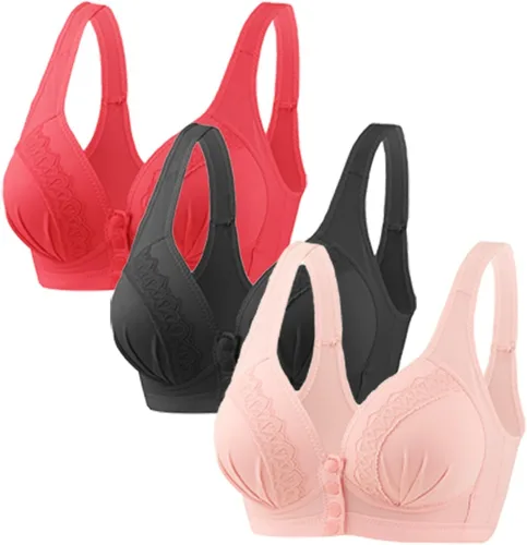 Vista 28 de Glamorette Snap Front Bra Older Women,Snap Front Bra, Sexy Lace Embroidered Bras,Pull-On Front Closure Button Bras 3 unidades de color negro.