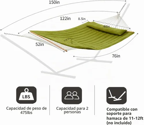 Vista 6 de CHULIM Hamaca doble para exterior con barras separadoras de madera dura, hamaca grande de cuerda con almohada de poliéster y cojín, capacidad de 475