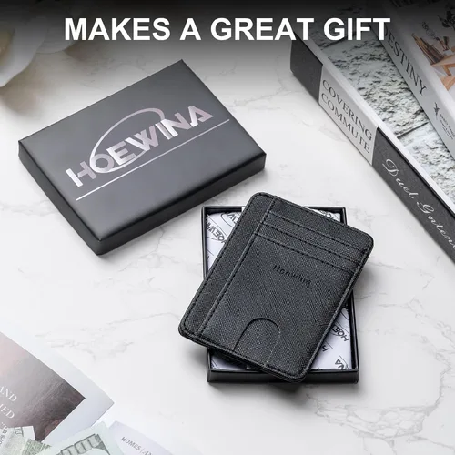 Vista 7 de Hoewina Cartera delgada para hombre, bolsillo frontal minimalista con bloqueo RFID, billetera de cuero delgada para tarjetas de viaje, regalos