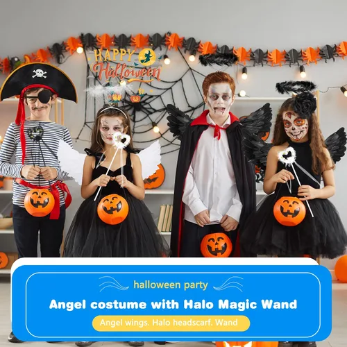 Vista 5 de 6 piezas de alas de ángel para niños y diadema de halo con varita de ángel cosplay para niñas, suministros de fiesta de disfraces de Halloween