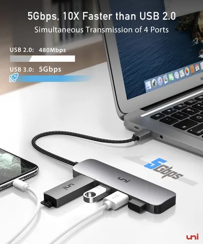 Vista 2 de uni Adaptador multipuerto USB C a USB Hub, divisor USB C de aluminio de 4 puertos para laptop, Hub USB de datos Thunderbolt 3/4 delgado compatible