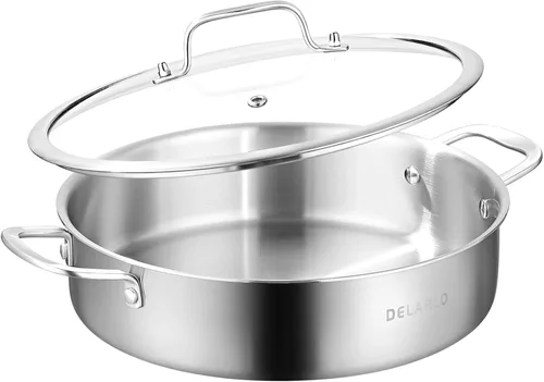 Vista 6 de DELARLO Sartén de Acero Inoxidable de Tres Capas de 3QT con Tapa, Sartén Profunda de 12 Pulgadas, Sartén Grande de Inducción, Sartén de Cocina, Apto