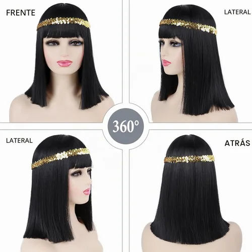 Vista 3 de Peluca de cabello negro de 14 pulgadas con flequillo + diadema de lentejuelas doradas para mujer, disfraz de mujer, pelucas sintéticas resistentes