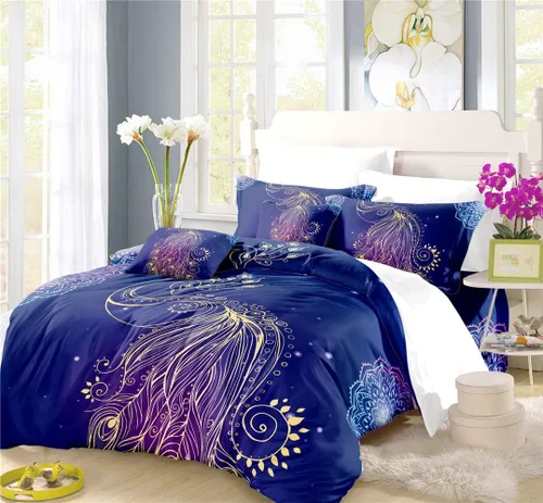Vista 8 de REALIN Juego de funda de edredón de pavo real, ropa de cama colorida Phnom Penh, juego de ropa de cama azul real noble de 2/3/4 piezas, fundas