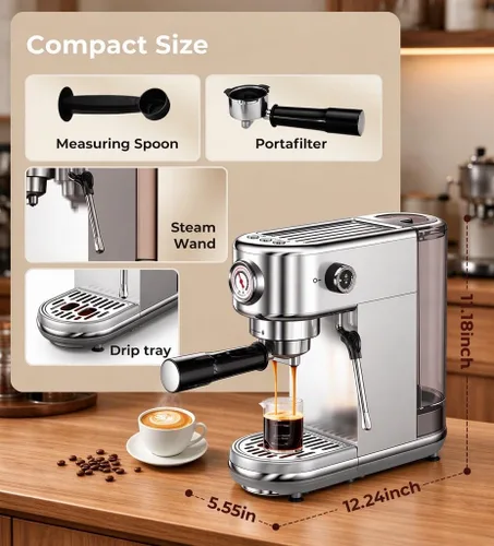 Vista 7 de atatix Máquina de café expreso 20 bar con espumador de leche Tono plata