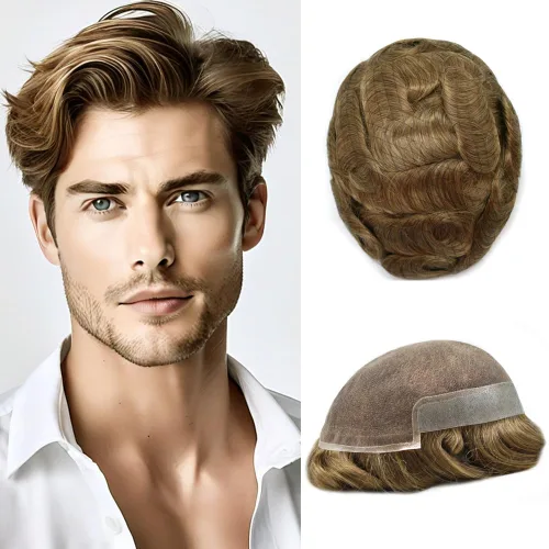 Vista 31 de Tupé para hombre con encaje suizo para hombre, sistema de reemplazo de cabello humano real, extensiones de nudo blanqueado para prótesis de cabello