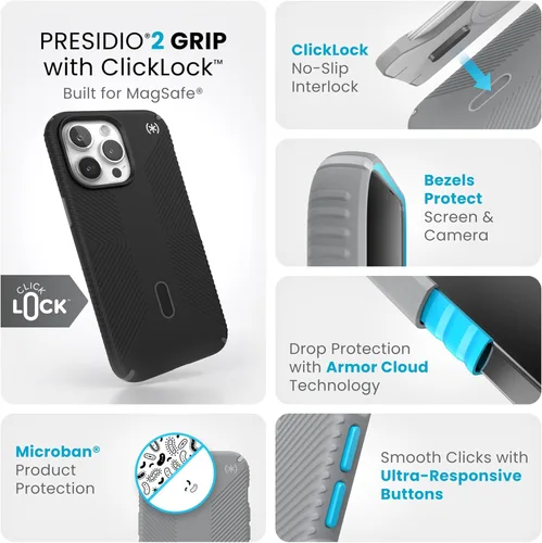 Vista 3 de Speck Funda para iPhone 15 Pro Max – ClickLock con bloqueo antideslizante, diseñada para MagSafe, agarre de protección contra caídas, resistente a