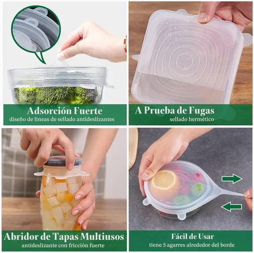 Vista 4 de Tapas elásticas de silicona, paquete de 12 tapas de silicona reutilizables para almacenamiento de alimentos, cubiertas de silicona sin BPA