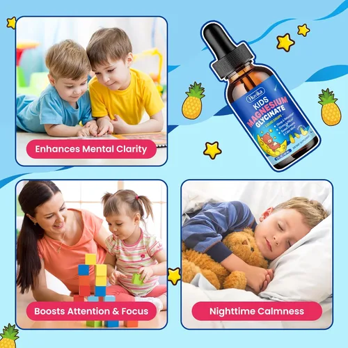 Vista 3 de Paquete de 2 líquidos de glicinato de magnesio para niños con L-teanina omega-3, vitamina B6, D3, zinc, gotas de magnesio para niños, sabor fresa
