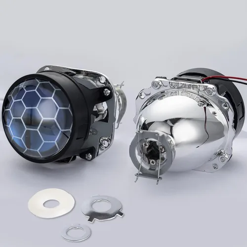Vista 2 de Lente azul de panal de abeja de 2.5 pulgadas, mini proyector bi-xenón con decoración de cubiertas de 3.0 pulgadas, universal para motocicleta