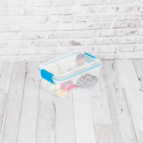 Vista 5 de Sterilite 19414306 - Caja de almacenamiento de plástico transparente de 7.5 cuartos y tapa con pestillos azules
