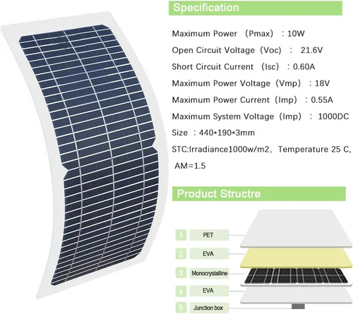 Vista 7 de XINPUGUNAG Kit de panel solar de 18 V 10 W, cargador de batería semi-flexible de célula monocristalina DIY módulo conector DC 12 V 5 V USB