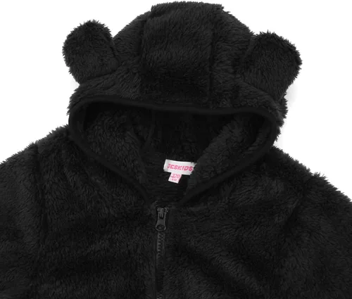 Vista 4 de Chaqueta con capucha de forro polar con cremallera para niñas y niños pequeños, abrigo de osito cálido de invierno Negro